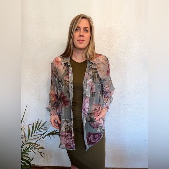 Vintage Byer Studio Sheer Floral Button Up Women’s 14 Cottage Core Green - Picture 10 of 10